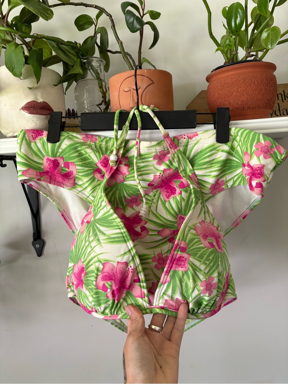 Kiwi Green and Pink Floral Bikini Top